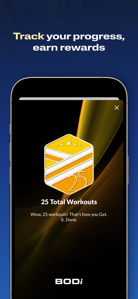 BODi by Beachbody Home Fitness - La herramienta motiva a los usuarios con insignias de logros, como la de '25 Total Workouts', y un sistema de estrellas que celebra el progreso y la constancia.