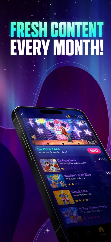 Just Dance Now - このスクリーンショットは、「Un Poco Loco」を含む多様な楽曲リストを表示しており、毎月新しいコンテンツが追加され、ユーザーに常に新鮮なダンス体験が提供されることを示唆しています。