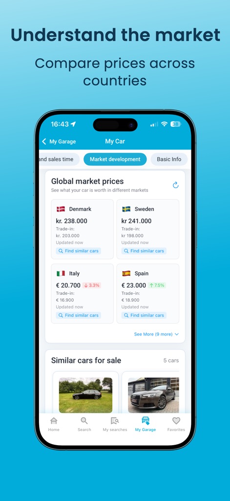 AutoUncle: Search used cars - The app allows users to compare "Global market prices" for cars across different countries, clearly displaying country-specific currency details.
