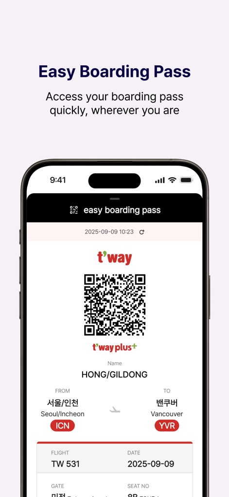 T’way Air - The app provides immediate access to boarding, featuring a prominent "QR code display" for scanning and all "comprehensive flight details" including gate and seat numbers.
