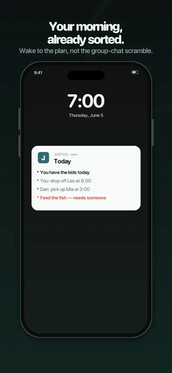Justoo: Co-Parent Hand-offs iPhone and iPad interface for Who has the kids right now? Both parents always know, from the official App Store gallery