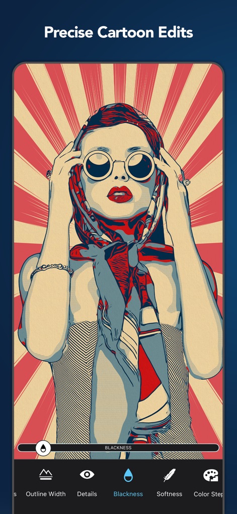 Clip2Comic: Toon Photo Editor - Découvrez comment l'application offre un contrôle précis avec des réglages des contours détaillés et la gestion des niveaux de détail et de noirceur pour un rendu parfait.