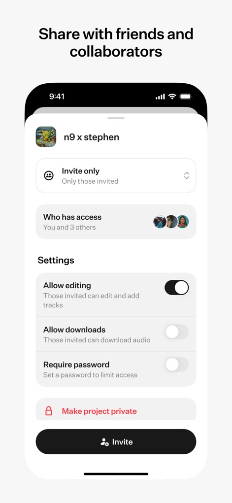 [untitled] - The app provides robust collaboration tools, allowing users to define specific access permissions like "Invite only" and manage sharing settings such as "Allow editing" for project contributors.