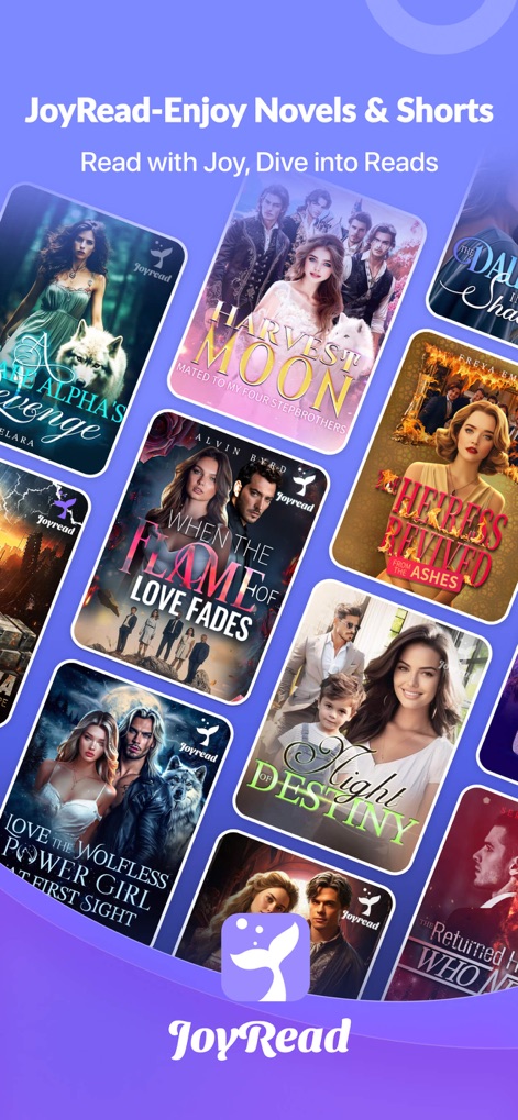 JoyRead-Enjoy Novels & Shorts - Explore the app's diverse collection of hit novel covers and see the prominent JoyRead branding, inviting users to dive into new stories.