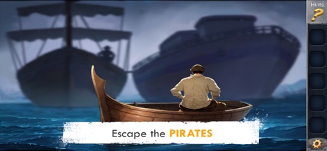 Prison Escape Puzzle Adventure - O aplicativo imerge os jogadores em cenários de fuga dramáticos, como esta imagem que mostra um personagem solitário em um barco pequeno enfrentando navios piratas ao fundo.