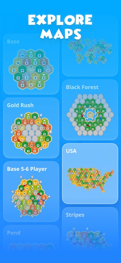 Colonist.io - Die App bietet eine breite Kartenauswahl von der 'Basiskarte' bis zur 'USA-Karte', die jeweils unterschiedliche Topologien für ein vielseitiges Spielerlebnis präsentieren.