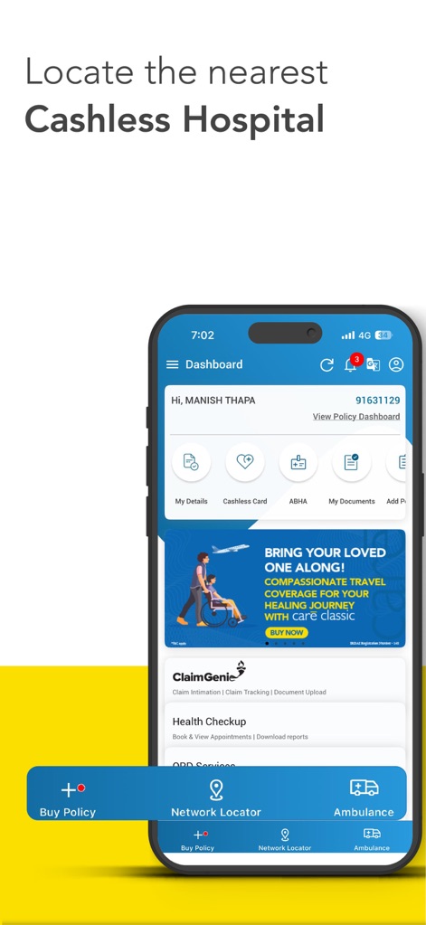 Care Health - Customer App - Users can efficiently locate nearby cashless hospitals using the intuitive Network Locator and access crucial Ambulance services directly from the dashboard.
