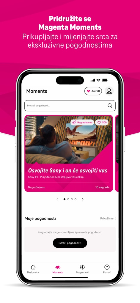 Telekom ME - Die Anwendung präsentiert das Treueprogramm Magenta Moments, in dem Nutzer exklusive Vorteile entdecken und ihre gesammelten Punkte für Prämien einsehen können.