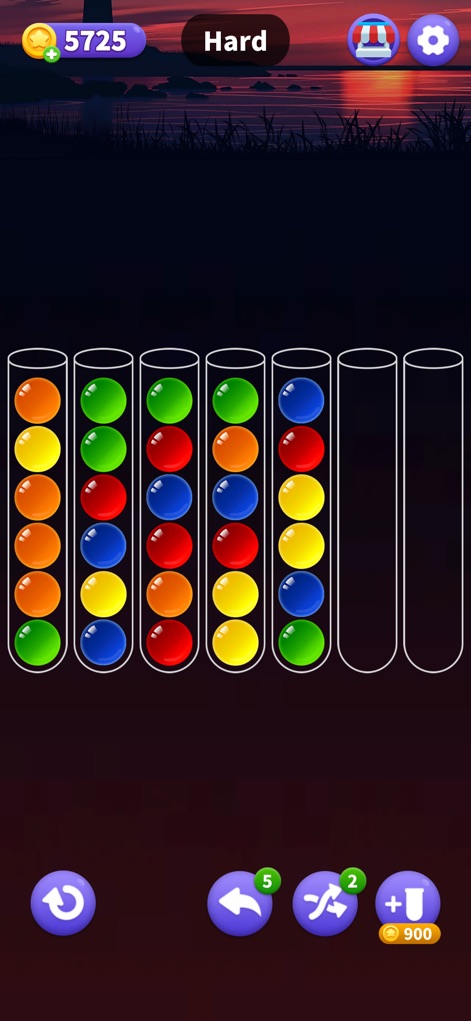 Ball Match Lab - 아름다운 배경 속 'Hard' 난이도에서는 '많은 수의 튜브'와 '다양한 색상의 공'을 분류하는 정밀함이 필요합니다.