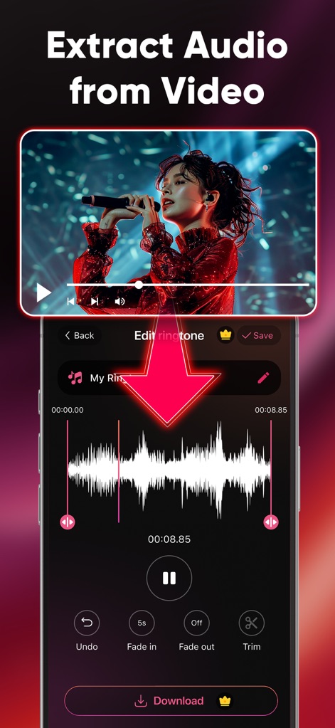 Ringtones Maker & Wallpapers - Esta herramienta permite la extracción directa de audio desde un video, visible en el reproductor superior y ajustable mediante una detallada onda sonora.