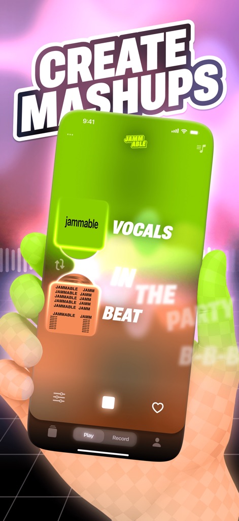 Jammable - Mashups - This tool simplifies combining audio elements like distinct 'Vocals' and dynamic 'Beat' tracks, ready for users to 'Play' or 'Record' their unique mashups instantly.