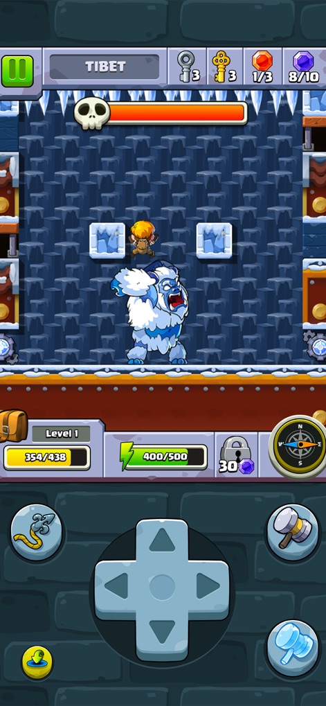 Diamond Quest: Don't Rush! - Confront the formidable yeti boss in the frigid Tibet ice caves, challenging the explorer against the creature's immense size and the icy environment.