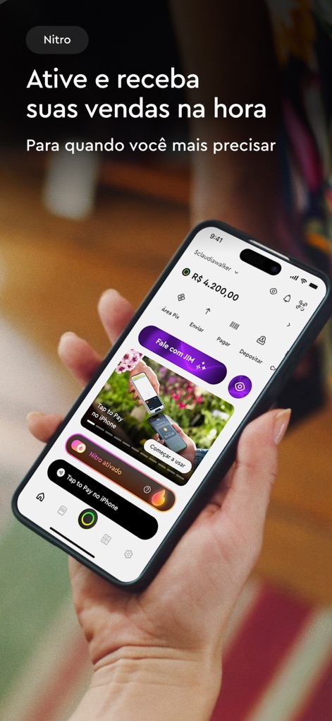 InfinitePay Tap, Conta, Cartão - Das Feature „InfiniteNitro“ ermöglicht den sofortigen Erhalt von Verkäufen, wie die Aktivierungsoption und die Bestätigung „Nitro activado“ auf dem Bildschirm verdeutlichen.
