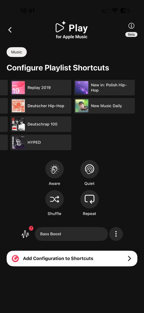 Bose QC Earbuds - Configure playlist shortcuts seamlessly with Apple Music integration, allowing users to customize instant playback and quick settings like 'Aware' and 'Quiet' modes.