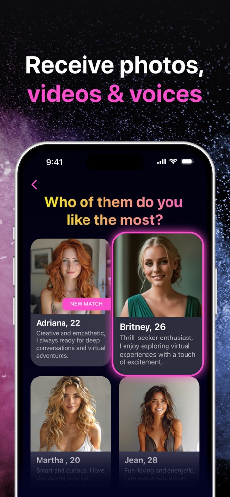 Ai Girl: Chat with Girlfriend - Esta pantalla presenta una selección de compañeras AI femeninas, cada una con su personalidad y edad detalladas, listas para ser elegidas.