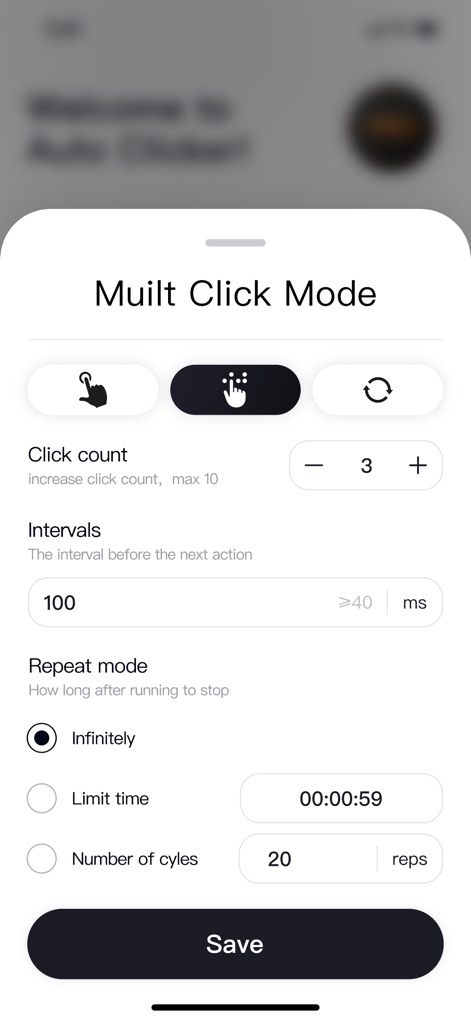 Auto Clicker - Tap Assistant - Users can fine-tune their automation with precise 'Click count' adjustments and customizable 'Intervals' in milliseconds for optimal task execution.