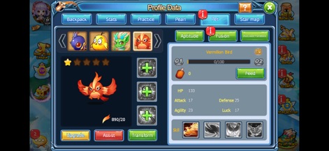 Bomb Me English - Dieses Menü präsentiert die umfassenden Haustier-Optionen, wo Nutzer die Attribute ihres "Vermillon Bird" einsehen und Fähigkeiten wie Angriff oder Verteidigung durch Upgrades verbessern können.