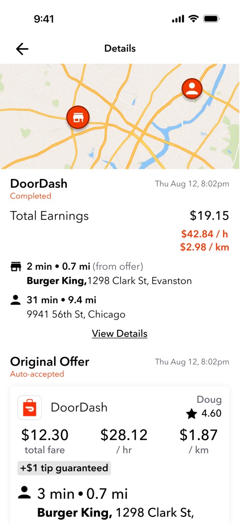 Mystro Driver: Drive & Deliver - The app offers comprehensive post-trip analytics, detailing total earnings and efficiency metrics, while confirming original offer details and auto-acceptance status.