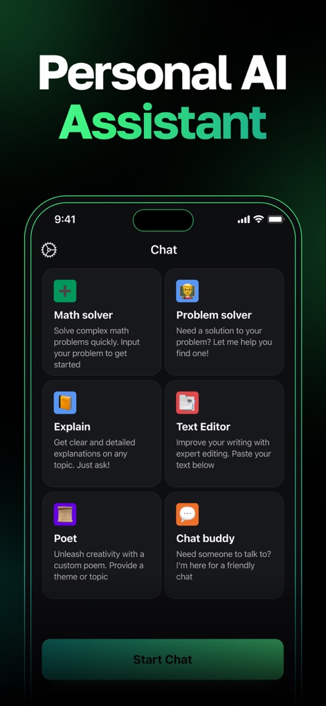 AI Chat Bot - My Assistant - このパーソナルAIアシスタントは、数学問題解決やテキスト編集のような実用的なカテゴリから、詩作やチャットバディといったクリエイティブなツールまでを提供します。