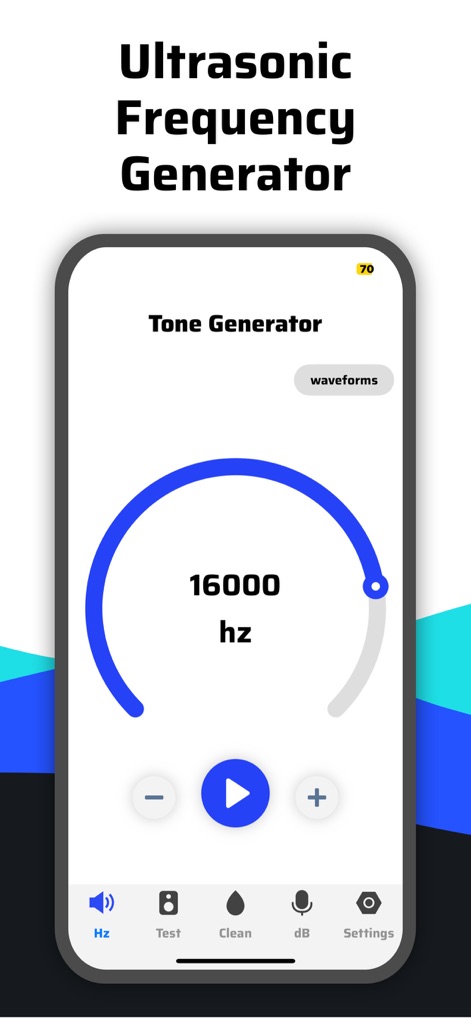 Clear Wave - Speaker Test - The app features a precise circular frequency slider, clearly showing '16000 hz', alongside a dedicated 'waveforms' button for advanced sound analysis capabilities.
