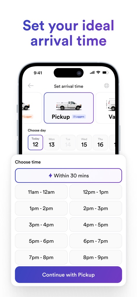 Lugg - Moving & Delivery - Esta interfaz permite a los usuarios establecer su hora de llegada preferida, ofreciendo la flexibilidad de seleccionar una fecha en un calendario interactivo y elegir entre franjas horarias específicas, incluyendo la opción "Within 30 mins".