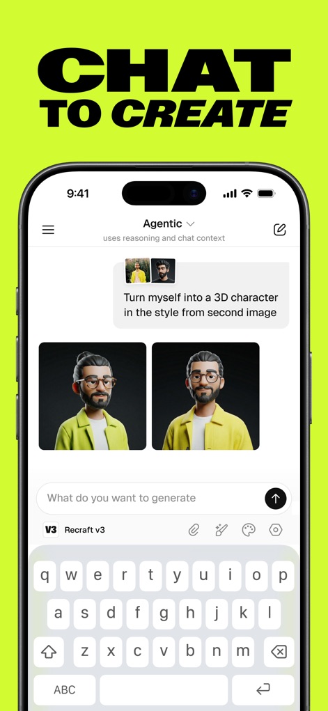 Recraft - Explore the app's intuitive chat-based generation interface and the 'Agentic' mode, which uses reasoning and chat context for refined outputs.