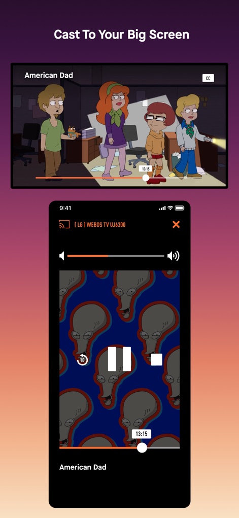 Watch TBS - Users can effortlessly cast content to a larger screen using the prominent casting icon and control playback directly from the app's dedicated interface.