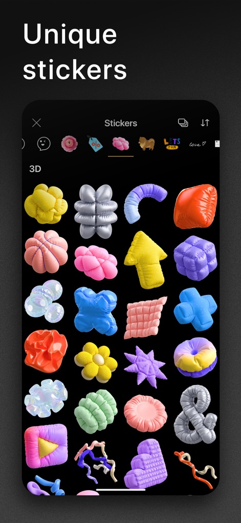 Graphionica: Story Maker - Enhance visuals with a rich array of unique stickers, including playful 3D shapes and various thematic elements, ensuring a distinctive touch for any story.