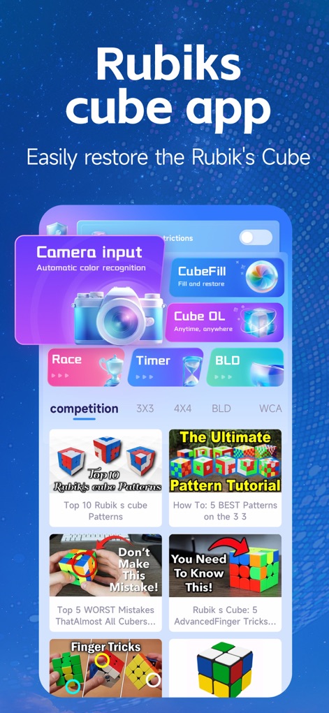 RGB Cube Solver &Timer - Navigate the intuitive interface showcasing essential functions like camera input, race challenges, and advanced Blindfolded (BLD) training.