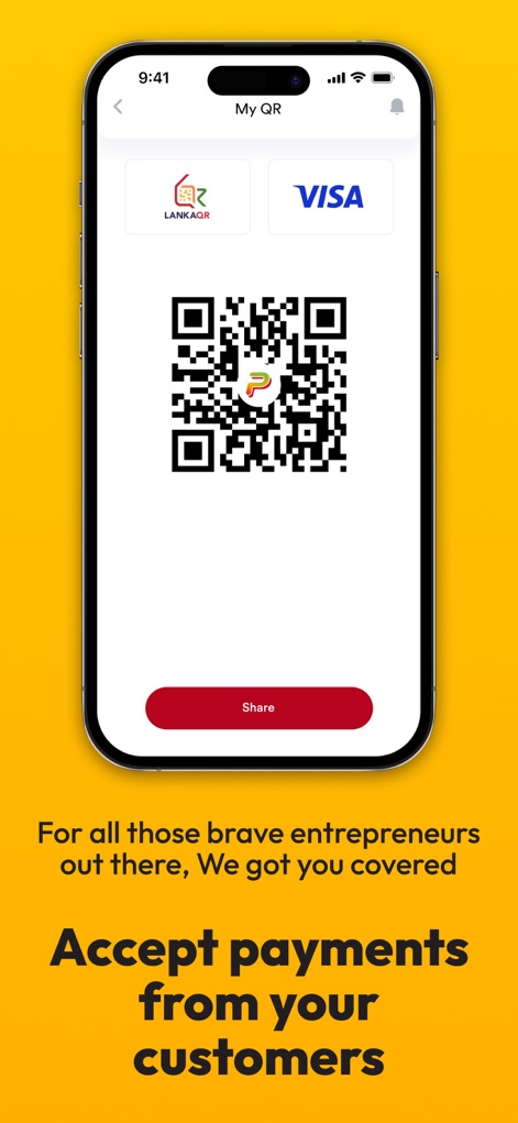 People's Pay - This tool generates a central QR code for businesses, enabling them to accept payments and easily share the code with customers via the "Share" button.