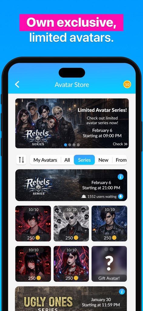 BlindID: Live & Group Chat - Im Avatar-Shop finden Nutzer eine breite Auswahl an einzigartigen, limitierten Avatar-Serien, die in einer ansprechenden Gitterdarstellung präsentiert werden.
