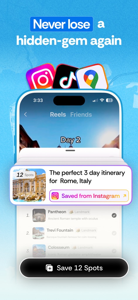 Roamy: Save Spot & Plan Trips - See how the app streamlines your saved Instagram discoveries, transforming a list of spots into a structured itinerary with a clear "Saved from Instagram" tag and a detailed list of attractions.