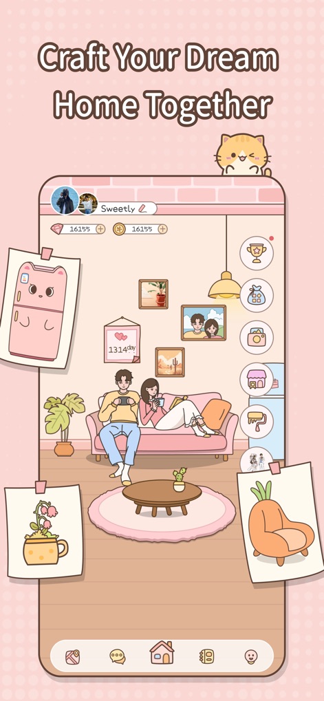 Sweetly-the world for couples - The app enables couples to co-create a personalized virtual living space, featuring interactive decor selection and an animated couple on a sofa.