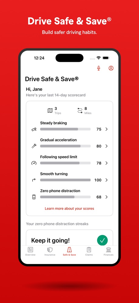 State Farm® App Store screenshot 6, headline “Drive Safe & Save®”. Tells you to do something.