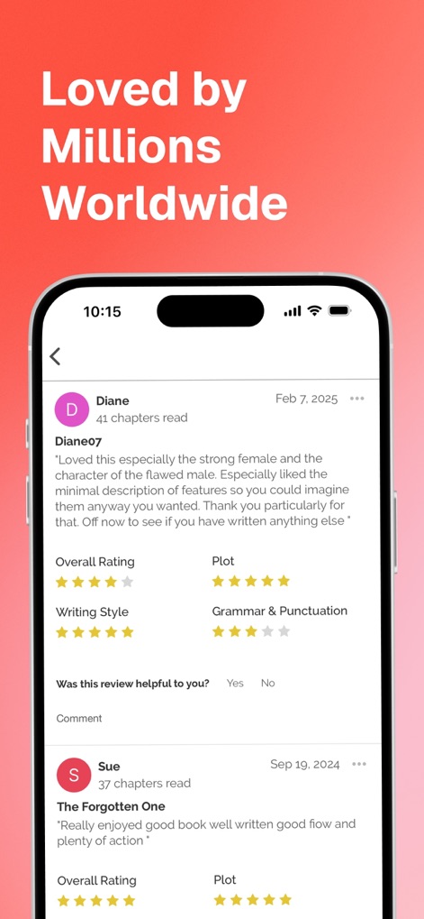 Inkitt: Books, Novels, Stories - Users can gain insight from fellow readers through detailed reviews, featuring comprehensive star ratings and specific feedback on plot and writing style.