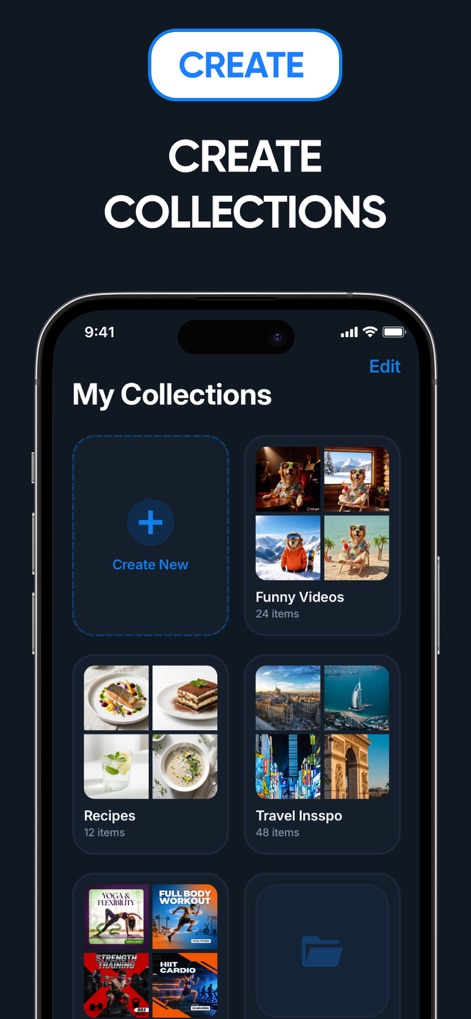 FMate - Bookmark Manager - このアプリのコレクション作成機能により、ユーザーは「Funny Videos」や「Recipes」のようなカスタムカテゴリを作成し、コンテンツを整理できます。