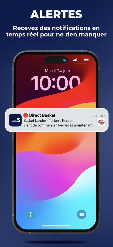 Sport en France - The app ensures users stay informed with critical real-time alerts delivered via system notifications, prominently displaying event details such as 'Direct Basket' match starts directly on the lock screen.