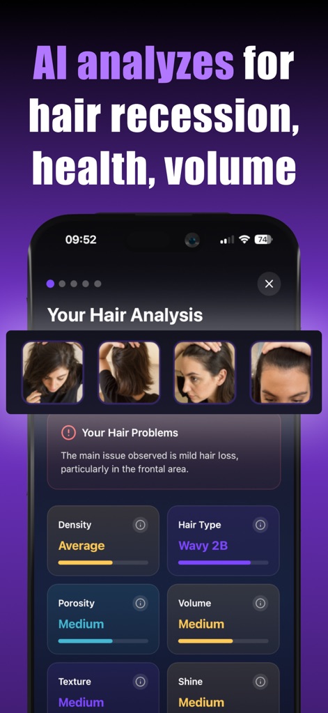 AI Hair Style&Care - HairMaxx - This tool offers a comprehensive 'Your Hair Analysis', providing detailed insights into hair concerns and metrics such as 'Density' and 'Hair Type'.