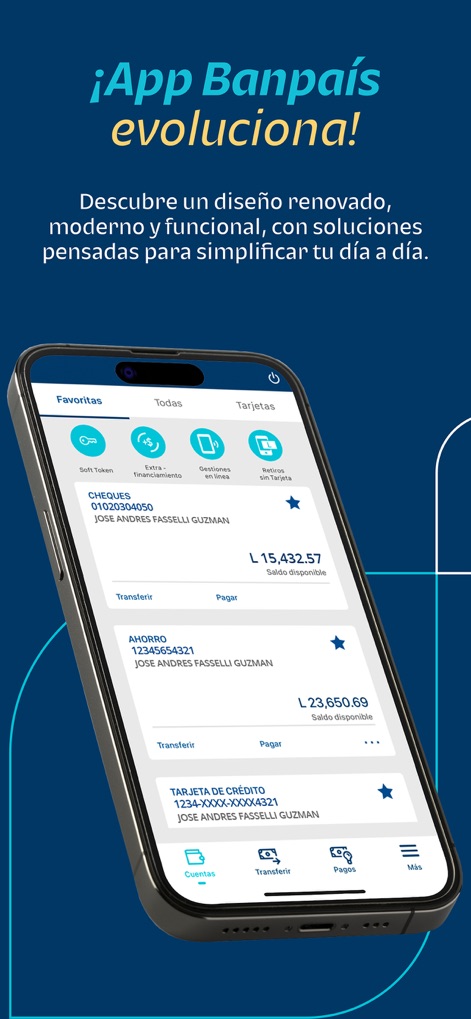 Banpaís - 새로워진 디자인의 앱은 사용자의 계좌 잔액과 거래 내역을 실시간으로 보여주며, '소프트 토큰' 및 '카드 없는 인출'과 같은 주요 기능을 쉽게 이용할 수 있도록 합니다.