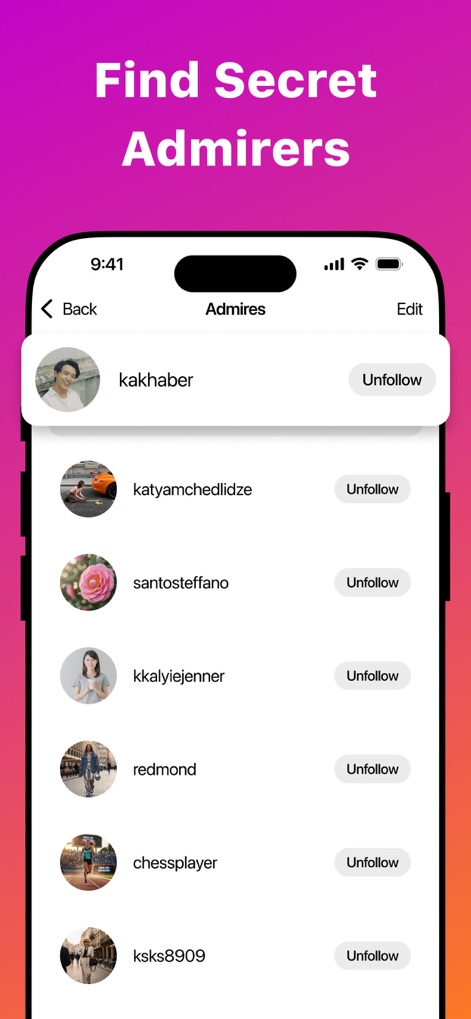 Unfollow Tracker & Reports - Users can easily view a list of 'Admires' and manage them with individual unfollow options, enhancing engagement strategy.