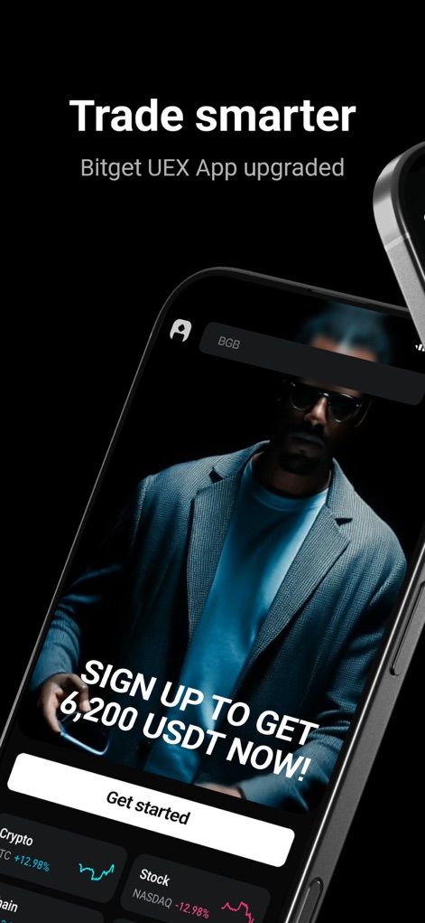 Bitget- Trade bitcoin & crypto - The initial screen highlights a "Sign up to get 6,200 USDT now!" promotional offer and provides a clear "Get started" button for new users.