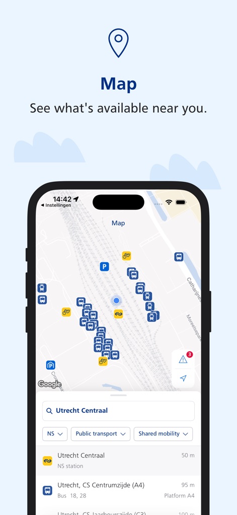 NS Travel Planner - This tool features an interactive map displaying all nearby transport options, from trains to shared bikes, and offers precise filter buttons for "NS", "Public transport", and "Shared mobility".