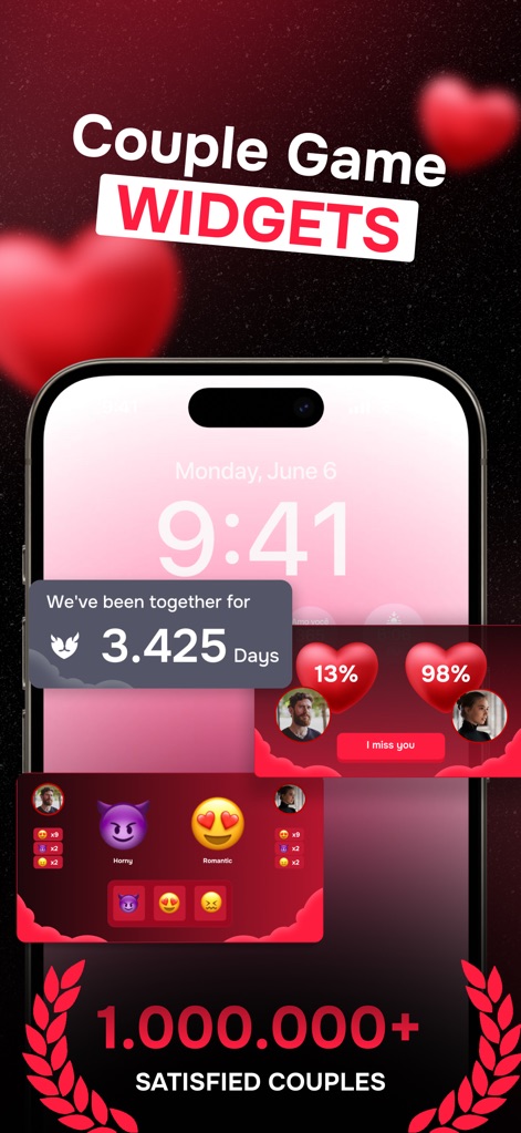 Heat: Couple Games for Adults - Users can personalize their device with couple-specific widgets, showcasing relationship milestones like 'days together' and interactive mood emojis.
