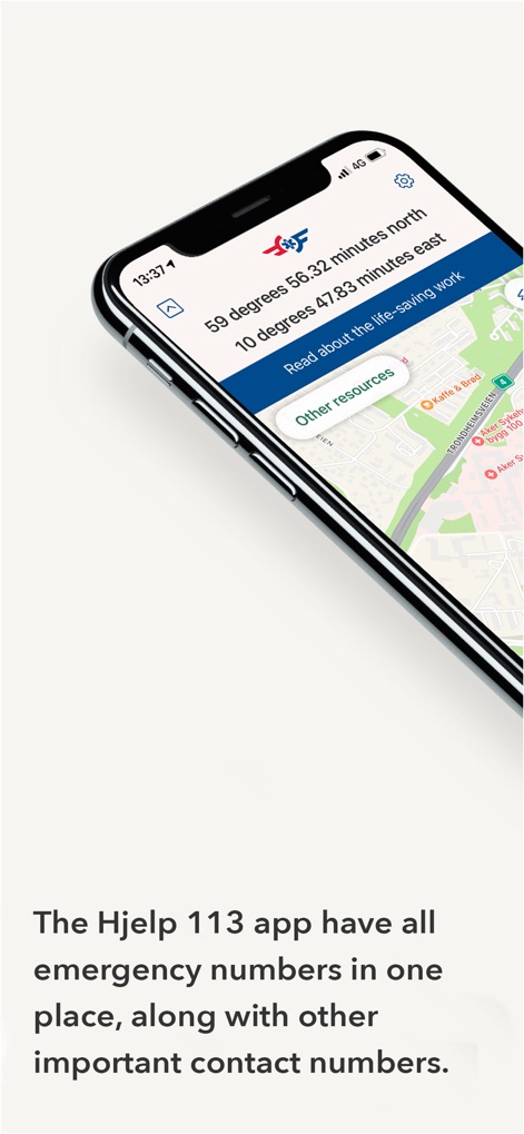 Hjelp 113 - Users can quickly identify their exact geographic coordinates and access 'Other resources' and 'Read about the life-saving work' buttons for essential information.