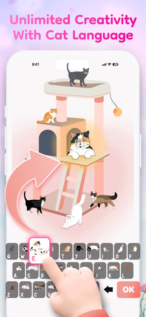 FloralWhisper: Lovely Language - 可愛らしい猫のイラストが描かれた猫タワーと、各文字が様々な猫のポーズで表現されたユニークなキーボードが、創造性を刺激します。