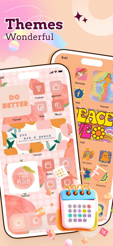 ThemeX: App Icons & My Widgets - A variedade de temas do aplicativo é evidenciada por esta tela, que exibe widgets com frases motivacionais e ícones de aplicativos artísticos em tons de pêssego, promovendo uma experiência visual agradável.