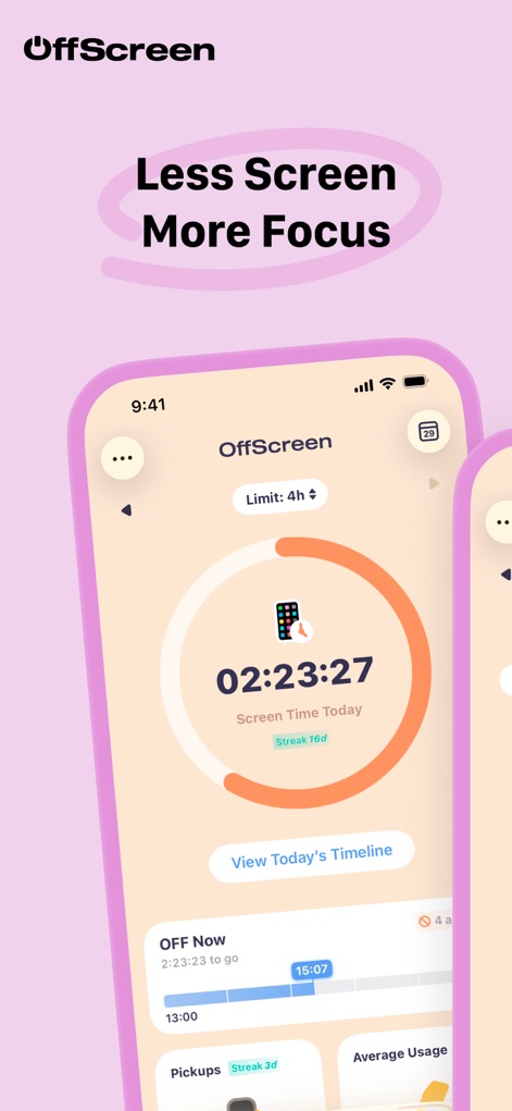 OffScreen: Screen Time Control - 本アプリは、設定された利用時間目標と現在の利用状況を、視覚的に分かりやすいリング表示と「OFF Now」セクションでユーザーに提供します。
