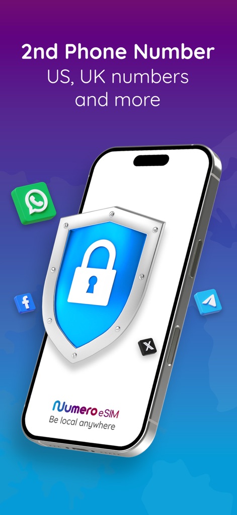 Numero: Data & Virtual Numbers - Dieses Tool ermöglicht die Nutzung sekundärer Rufnummern für verbesserte Privatsphäre, symbolisiert durch das zentrale Schild-Symbol und die umgebenden Social-Media-Logos.