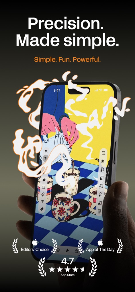 Linearity Curve Graphic Design - 이 앱은 사용자가 복잡한 커피 테마 벡터 일러스트레이션을 아이폰 화면에서 정밀하게 작업하고, 화면 우측에 정렬된 직관적인 디자인 도구를 활용하여 창의적인 아이디어를 구현할 수 있도록 지원합니다.
