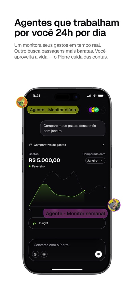 Pierre: Controle de gastos IA - A imagem destaca os agentes de monitoramento do aplicativo, como o 'Agente - Monitor diário', que permite comparar gastos mensais através de um 'gráfico de evolução'.